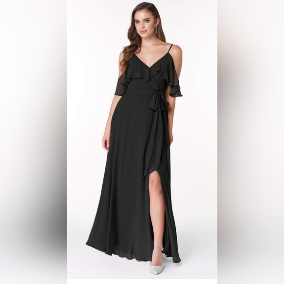 Azazie Black Off-the-Shoulder Gown with Flutter Sleeves Women's Size 12 - Picture 1 of 13